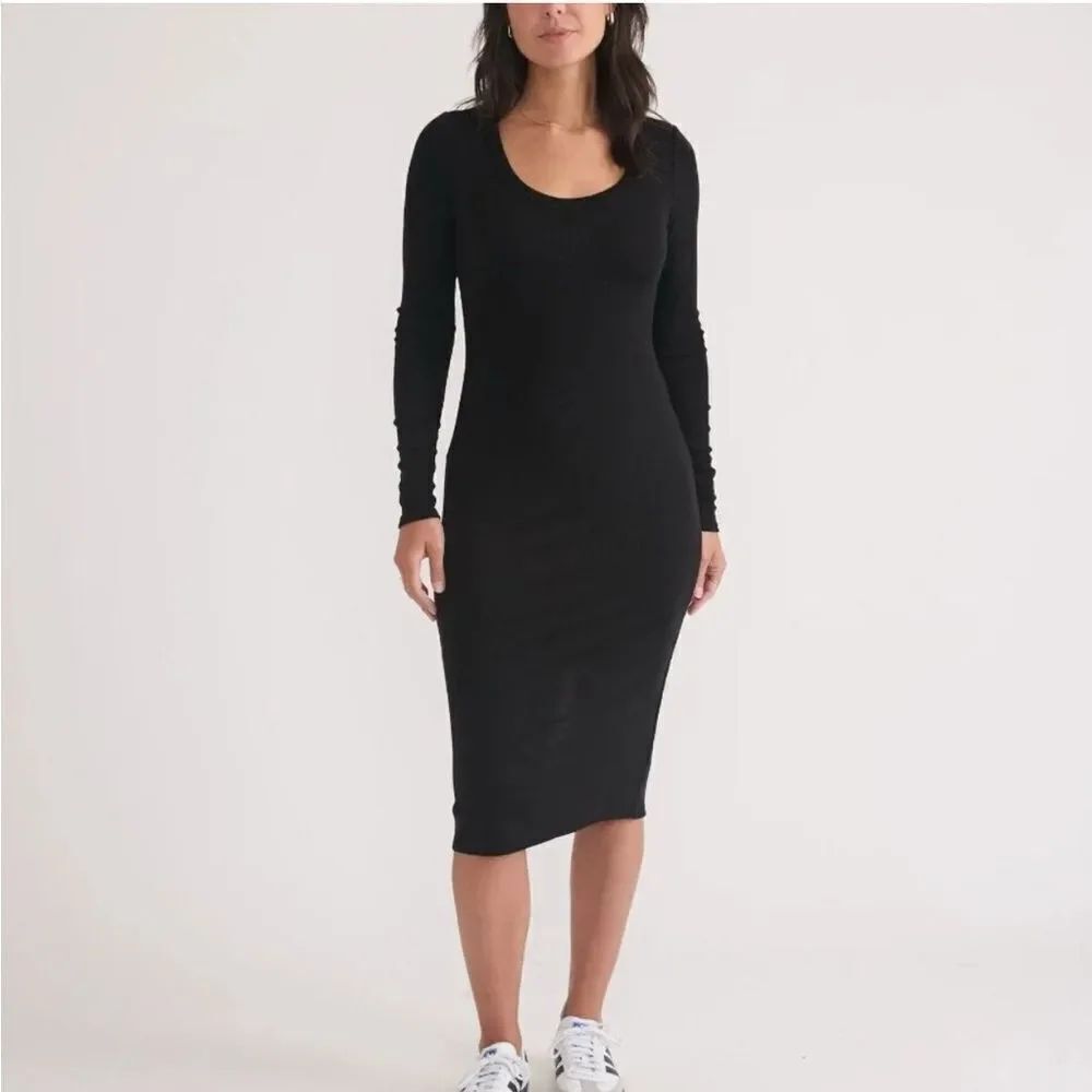 Marine Layer Lexi ribbed midi dress long sleeve bodycon black XS sides slits